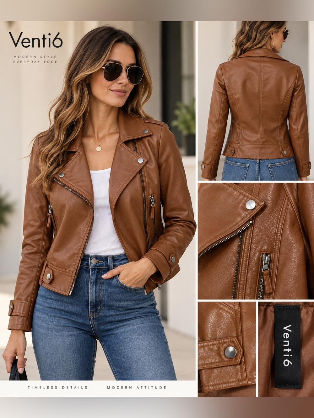 Venti 6 Women’s Cognac Brown Faux Leather Moto Jacket Biker Motorcycle small euc